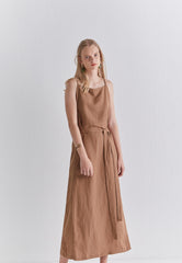 Sleeveless Linen Midi Dress with Adjustable Waist Tie and Back Slit for Effortless Summer Style