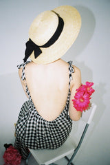 Gathered High-Neck Linen Mini Dress with Puff Sleeves and Waist Tie