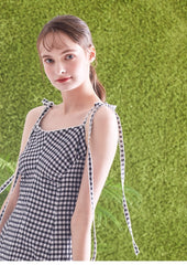Gingham Linen Midi Dress with Tie Shoulder Straps and Flared Silhouette for Casual Chic Style