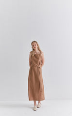 Sleeveless Linen Midi Dress with Adjustable Waist Tie and Back Slit for Effortless Summer Style