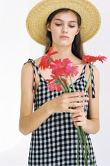 Gathered High-Neck Linen Mini Dress with Puff Sleeves and Waist Tie