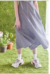 Gingham Linen Midi Dress with Tie Shoulder Straps and Flared Silhouette for Casual Chic Style