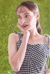 Gingham Linen Midi Dress with Tie Shoulder Straps and Flared Silhouette for Casual Chic Style