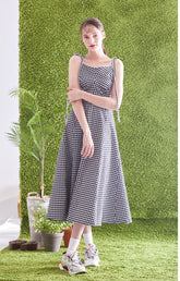 Gingham Linen Midi Dress with Tie Shoulder Straps and Flared Silhouette for Casual Chic Style