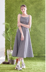 Gingham Linen Midi Dress with Tie Shoulder Straps and Flared Silhouette for Casual Chic Style