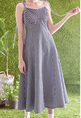 Gingham Linen Midi Dress with Tie Shoulder Straps and Flared Silhouette for Casual Chic Style