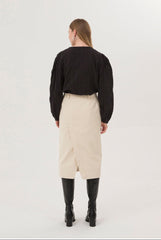Women's Linen Midi Skirt – High-Waisted Tailored Linen Skirt with Back Vent and Belt Loops