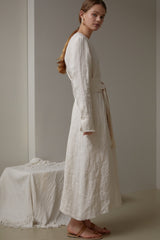 Long Sleeve Linen Maxi Dress with Waist Belt and Back Button Detail for Timeless Elegance