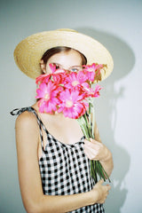 Gathered High-Neck Linen Mini Dress with Puff Sleeves and Waist Tie