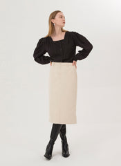 Women's Linen Midi Skirt – High-Waisted Tailored Linen Skirt with Back Vent and Belt Loops