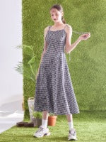 Gingham Linen Midi Dress with Tie Shoulder Straps and Flared Silhouette for Casual Chic Style