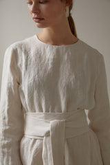 Long Sleeve Linen Maxi Dress with Waist Belt and Back Button Detail for Timeless Elegance