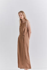 Sleeveless Linen Midi Dress with Adjustable Waist Tie and Back Slit for Effortless Summer Style