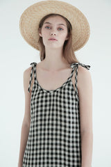 Gathered High-Neck Linen Mini Dress with Puff Sleeves and Waist Tie