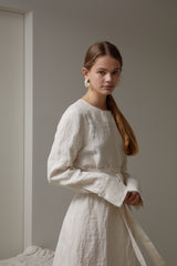Long Sleeve Linen Maxi Dress with Waist Belt and Back Button Detail for Timeless Elegance