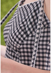 Gingham Linen Midi Dress with Tie Shoulder Straps and Flared Silhouette for Casual Chic Style