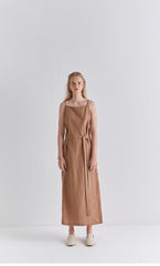 Sleeveless Linen Midi Dress with Adjustable Waist Tie and Back Slit for Effortless Summer Style