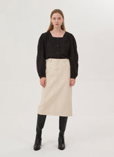 Women's Linen Midi Skirt – High-Waisted Tailored Linen Skirt with Back Vent and Belt Loops