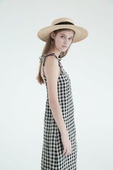 Gathered High-Neck Linen Mini Dress with Puff Sleeves and Waist Tie