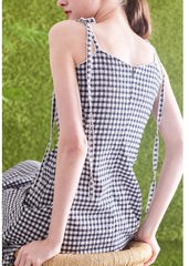 Gingham Linen Midi Dress with Tie Shoulder Straps and Flared Silhouette for Casual Chic Style