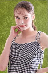 Gingham Linen Midi Dress with Tie Shoulder Straps and Flared Silhouette for Casual Chic Style