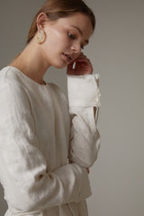 Long Sleeve Linen Maxi Dress with Waist Belt and Back Button Detail for Timeless Elegance