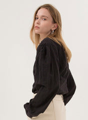 Square Neck Linen Blouse with Voluminous Sleeves and Front Button Closure for Elegant Style