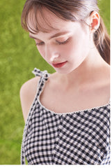 Gingham Linen Midi Dress with Tie Shoulder Straps and Flared Silhouette for Casual Chic Style