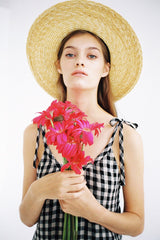 Gathered High-Neck Linen Mini Dress with Puff Sleeves and Waist Tie