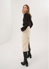 Women's Linen Midi Skirt – High-Waisted Tailored Linen Skirt with Back Vent and Belt Loops