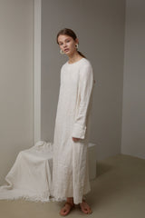 Long Sleeve Linen Maxi Dress with Waist Belt and Back Button Detail for Timeless Elegance