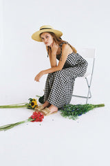 Gathered High-Neck Linen Mini Dress with Puff Sleeves and Waist Tie