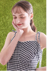 Gingham Linen Midi Dress with Tie Shoulder Straps and Flared Silhouette for Casual Chic Style