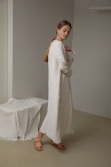 Long Sleeve Linen Maxi Dress with Waist Belt and Back Button Detail for Timeless Elegance