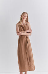 Sleeveless Linen Midi Dress with Adjustable Waist Tie and Back Slit for Effortless Summer Style