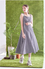 Gingham Linen Midi Dress with Tie Shoulder Straps and Flared Silhouette for Casual Chic Style