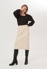 Women's Linen Midi Skirt – High-Waisted Tailored Linen Skirt with Back Vent and Belt Loops