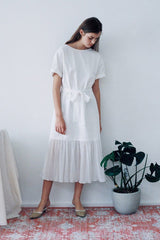 Short-Sleeve Linen Midi Dress With Waist Tie and Open Back Bow Detail