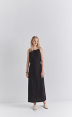 Black Linen Sleeveless Midi Dress with Slim Straps, Back Slit, and Tie Waist for Summer Elegance