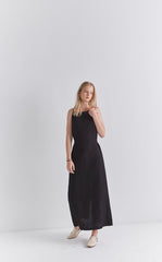 Black Linen Sleeveless Midi Dress with Slim Straps, Back Slit, and Tie Waist for Summer Elegance