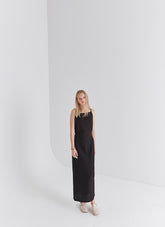 Black Linen Sleeveless Midi Dress with Slim Straps, Back Slit, and Tie Waist for Summer Elegance