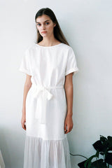 Short-Sleeve Linen Midi Dress With Waist Tie and Open Back Bow Detail
