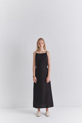 Black Linen Sleeveless Midi Dress with Slim Straps, Back Slit, and Tie Waist for Summer Elegance