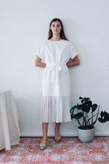 Short-Sleeve Linen Midi Dress With Waist Tie and Open Back Bow Detail