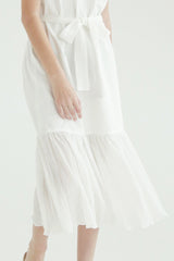 Short-Sleeve Linen Midi Dress With Waist Tie and Open Back Bow Detail