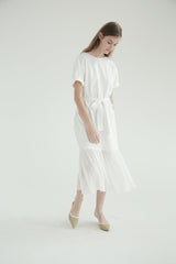 Short-Sleeve Linen Midi Dress With Waist Tie and Open Back Bow Detail