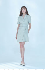 Short-Sleeve Double-Breasted Linen Dress With Tailored Fit And Waist Belt Detail