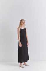 Black Linen Sleeveless Midi Dress with Slim Straps, Back Slit, and Tie Waist for Summer Elegance