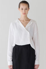 Women's Linen Wrap Blouse – Long Sleeve Relaxed-Fit Linen Shirt with Collar and Overlap Front
