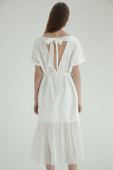 Short-Sleeve Linen Midi Dress With Waist Tie and Open Back Bow Detail
